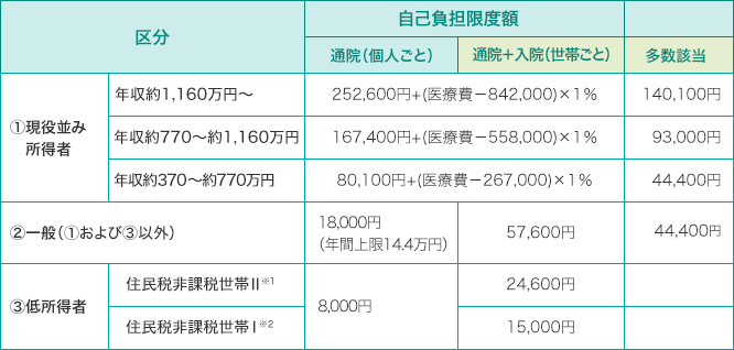 自己負担限度額の例(月額)70歳以上の場合(平成31年2月現在)