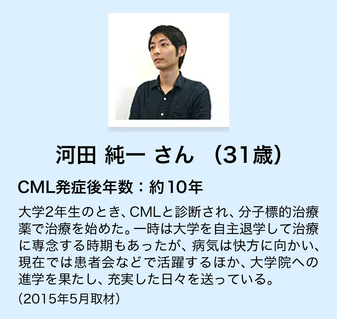 河田 純一さん(31歳)　CML発症後年数:約10年 大学2年生のとき、CMLと診断され、分子標的治療薬で治療を始めた。一時は大学を自主退学して治療に専念する時期もあったが、病気は快方に向かい、現在では患者会などで活躍するほか、大学院への進学を果たし、充実した日々を送っている。(2015年5月取材)