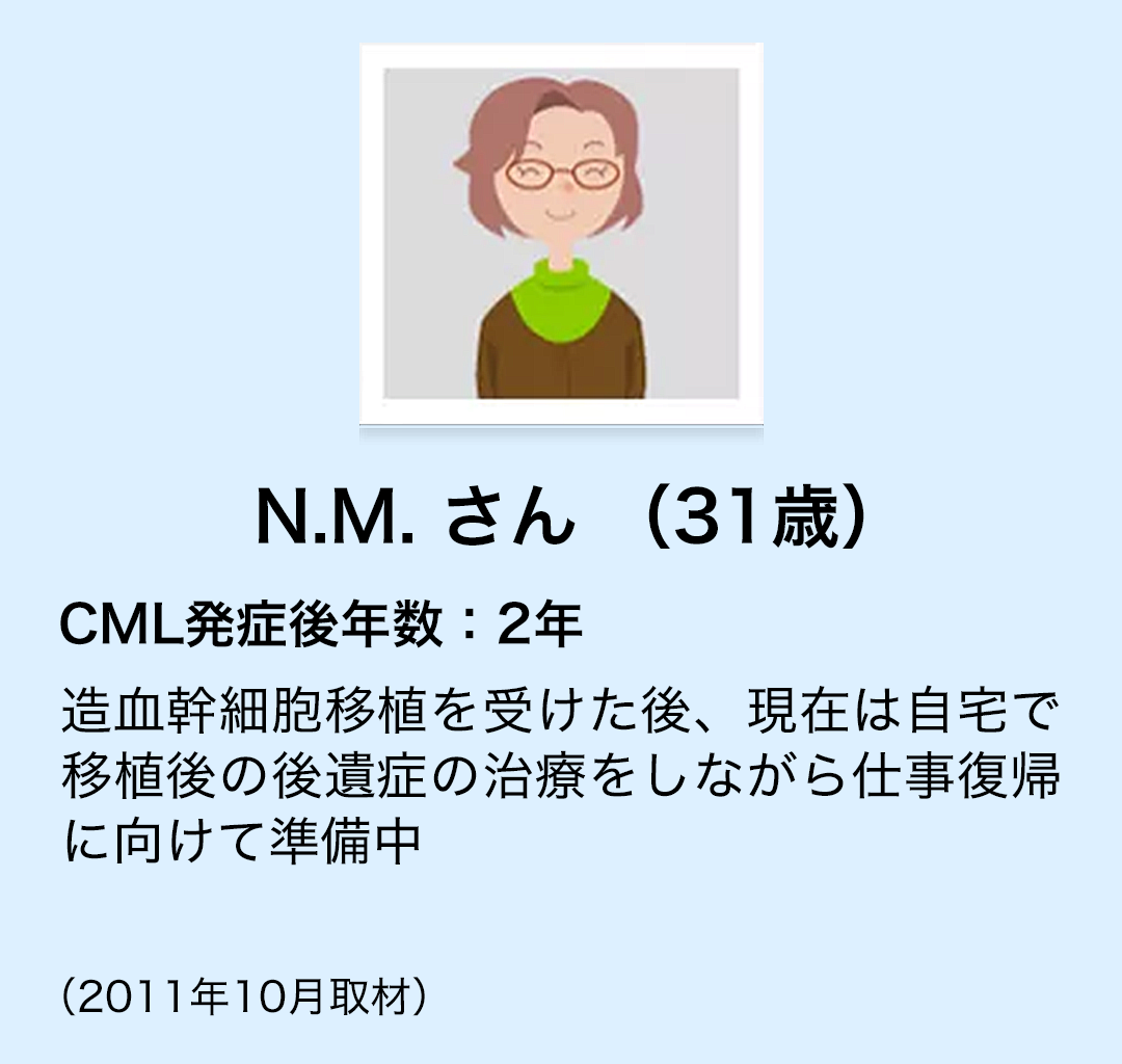 N.M.さん(31歳)　CML発症後年数:2年　造血幹細胞移植を受けた後、現在は自宅で移植後の後遺症の治療をしながら仕事復帰に向けて準備中(2011年10月取材)