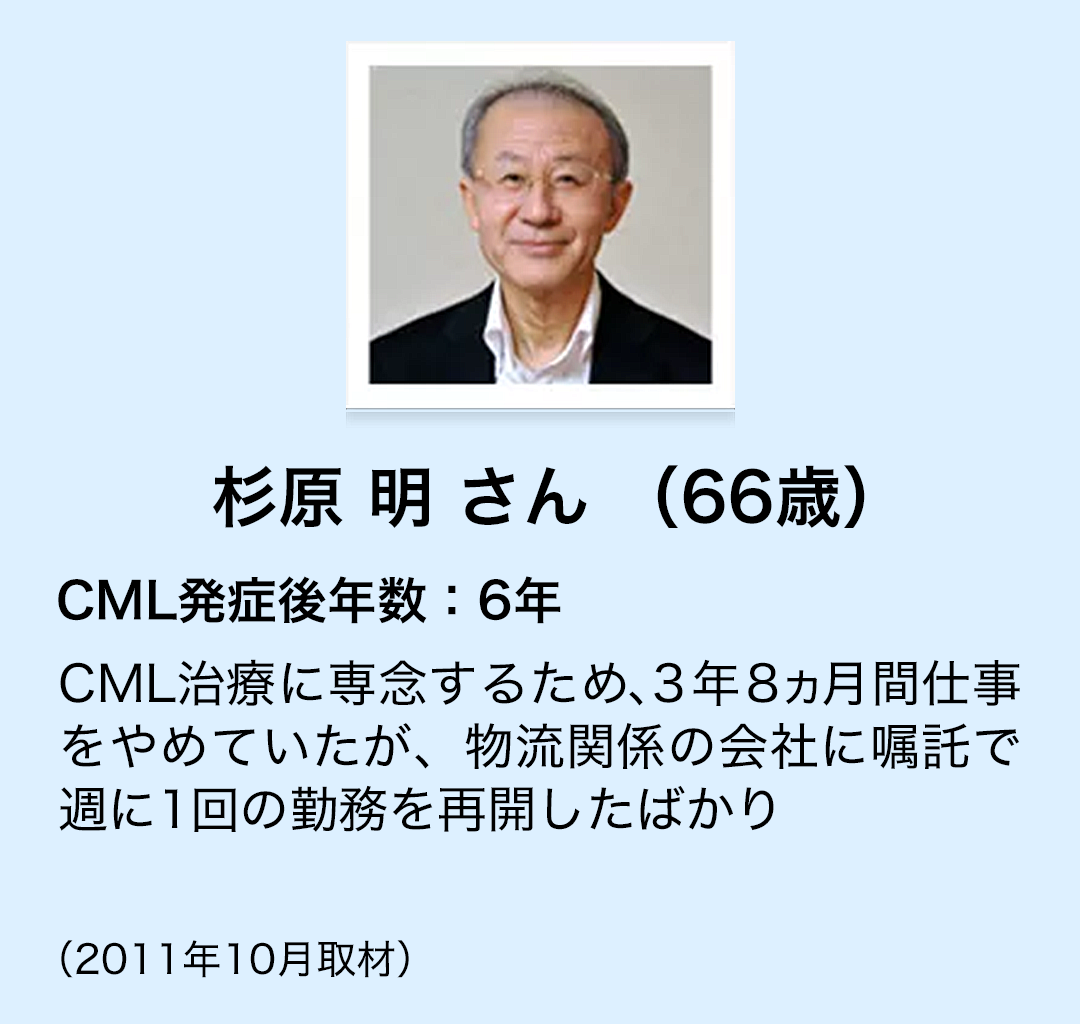 杉原 明さん(66歳)　CML発症後年数:6年　CML治療に専念するため、3年8ヵ月間仕事をやめていたが、物流関係の会社に嘱託で週に1回の勤務を再開したばかり(2011年10月取材)