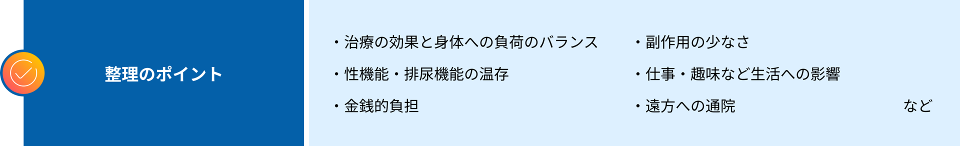 整理のポイント：治療の効果と身体への負荷のバランス、副作用の少なさ、性機能・排尿機能の温存、仕事・趣味など生活への影響、金銭的負担、遠方への通院、など