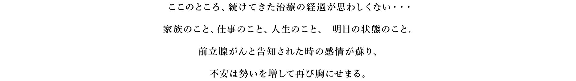 ここのところ、続けてきた治療の経過が思わしくない・・・家族のこと、仕事のこと、人生のこと、明日の状態のこと。前立腺がんと告知された時の感情が蘇り、不安は勢いを増して再び胸にせまる。