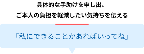 具体的な手助けを申し出、ご本人の負担を軽減したい気持ちを伝える「私にできることがあればいってね」