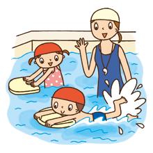 プールでバタ足で泳ぐ子供のイラスト