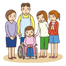 お母さんや療育施設の人に囲まれた女の子のイラスト