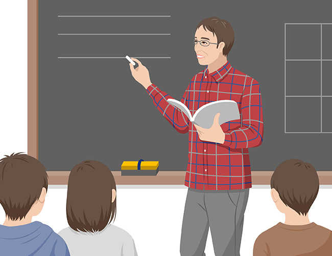 イラスト：黒板の前に立っている男性